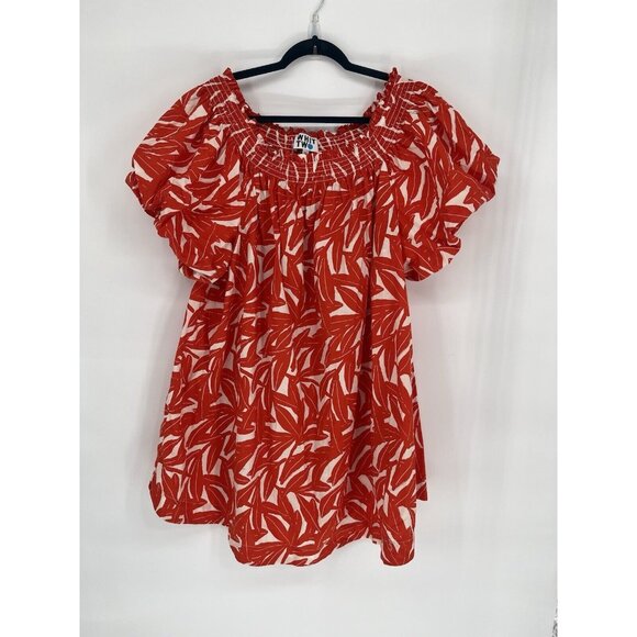 Whit Two Anthro Womens Dress 3X Red Banana Leaf Off Shoulder Smocked Poplin - Picture 1 of 3